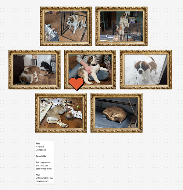 Title: A House Menagerie Description: The dogs never end. And the baby loves them.  And unfortunately, the cat does end.